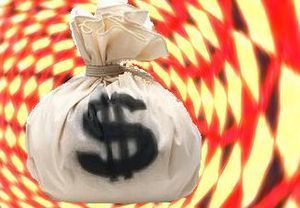 English: A bag of money, US dollars, spinning ...