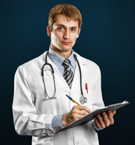 young doctor man with stethoscope and clipboard against different backgrounds