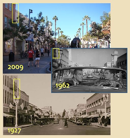 Looking north up 3rd Street from Broadway. Absent in the 1927 view are the Clock Tower (left) built in 1929, and the El Miro tower (right) built in 1933. The yellow box marks the transition from the historic Keller Building on the corner of Broadway and the two story building north of it. Closed to street traffic today, the site is now known as the Third Street Promenade. Santa Monica Public Library