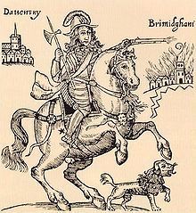 Parliamentarian woodcut of Prince Rupert and his dog.