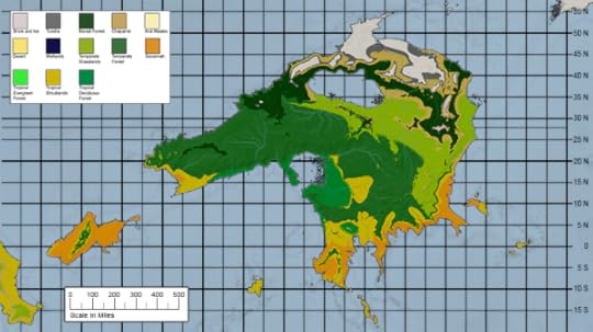 a world building exercise with a map showing the biomes on the continent of kaebrith on the shaper's world