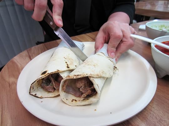 They look like shwarma too, with a flatbread-y wrap that's halfway between a flour tortilla and a Syrian pita.