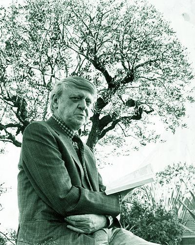 Photograph by Mark Ellidge of the author Anthony Burgess pictured in Casino gardens, Monte Carlo, February 1984