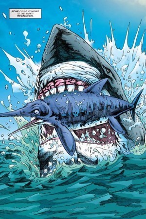 An entirely fictional scene: the fish-reptiles known as ichthyosaurs were extinct 80 m.y. before any large great white sharks evolved.