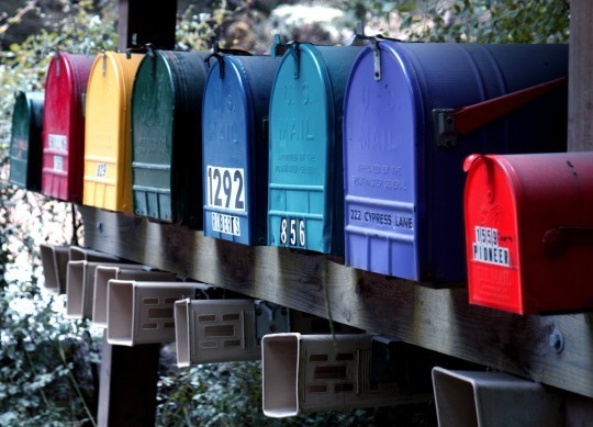 colorful mailboxes all lined up
