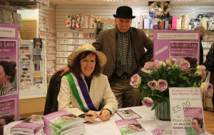 Signing at Rutherford's, Morpeth of No Greater Love (with 'grumpy man' anti-suffragist behind!) Photo by Jan Rowley
