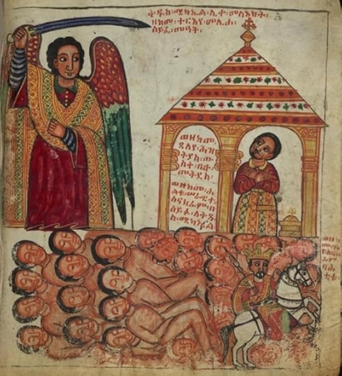 This 17rh century Ethiopian manuscript illumination shows the Archangel Michael helping Hezekiah, king of Judah, defeat Sennacherib of Assyria.