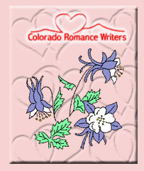 A pink square with hearts engraved and randomly spersed. Colorado Romance Writers logo at the top in red fancy script with a heart and mountains line drawing. Below the logo is a Columbine plant with three flowers, one open, one facing away and one still a bud. The columbines have white pedals in the middle and purple petals in a star around the outside. The columbine is the state flower of Colorado.