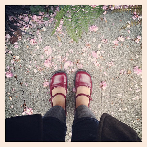 Wearing by ruby red wedding shoes today (yes from 12 yrs ago!). They still make me happy.