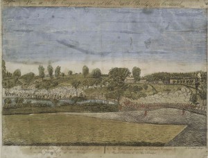 Militiamen and British regulars collide at the North Bridge in Concord. From a series of engravings issued by Amos Doolittle in 1775 based on interviews with eyewitnesses and careful study of the terrain.