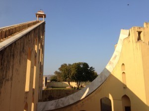 The huge sundial at Jantar Mantar, in Jaipur. The shadow falls on the curved wall, which is marked with figures. 