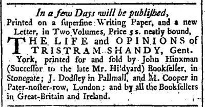 London Chronicle December 20 1759 ad for Tristram Shandy