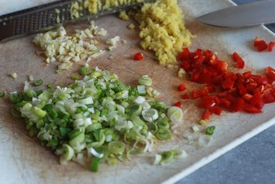 Chopped ginger, scallions, chile and garlic