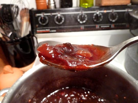 Thickened chutney is ready for the canner when it mounds well on a spoon