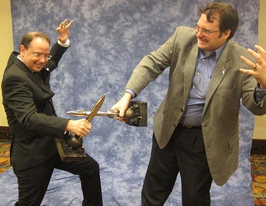 John Scalzi and Brandon Sanderson after the ceremony. Photo by Eddie Schneider.