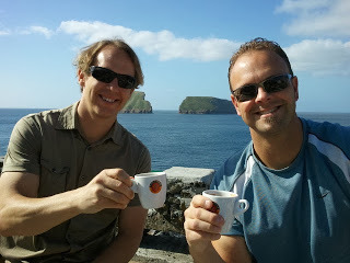 Bryan Forrest and Travis Bowman in front of Goat Island, Terceira, Azores