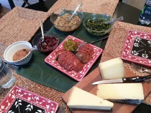 From left to right - apple butter, pickled beets, eggplant with olive oil and white wine vinegar, broccoli rabe (frozen when I harvested my spring veggies) with roasted hot chilies, sesame oil and mirin, a selection of cave-aged cheeses - Challerhocker, Farmstead Cheddar and Etivaz. Oh, sliced heirloom tomatoes with a roasted Costa Rican sweet pepper. What you can't see - grilled bread with olive oil and garlic.