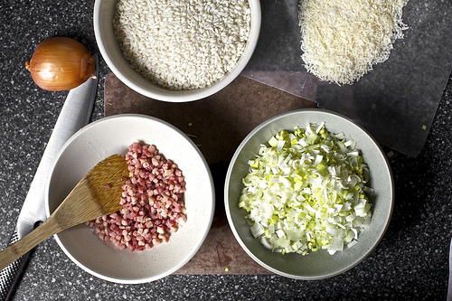 prep: pancetta, leeks, rice, cheese