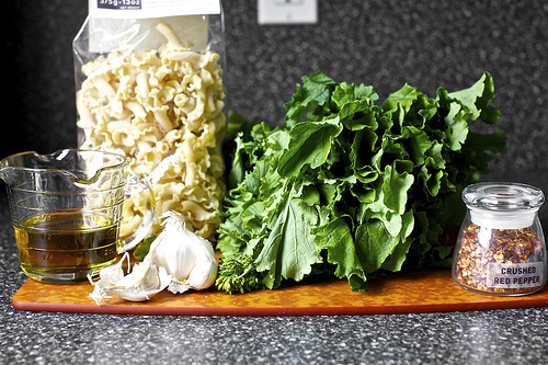 all you need: oil, pasta, garlic, rabe, pepper
