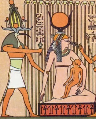 Thoth supporting Isis in the papyrus marsh