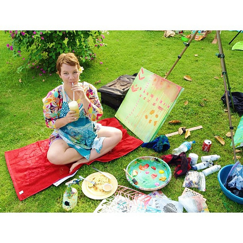 Friends, this is what #bliss looks like: Balinese flower in hair, bathing suit + tunic, painting apron, canvas, Balinese banana pancakes, pure pineapple juice, and a painting palette with an unexpected heart. Hello #renewal. My word for this trip is #allo