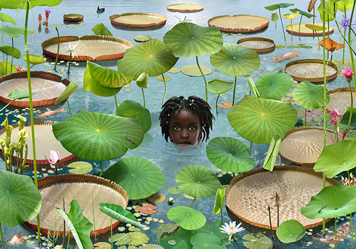 Black girl in jungle pool, creative inspiration from Ruud Van Empel