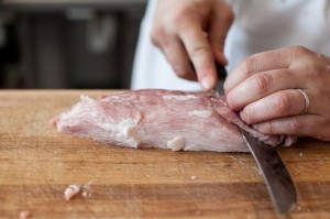 Pork Eye Round Being Sliced for Stir Fry, Kabobs, etc.