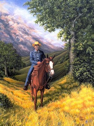Oil painting of man on horseback in western attire.