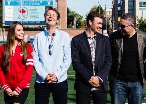 Jim Cuddy, Simon Whitfield and Ed Robertson share a laugh with an emerging Cdn athlete at Future Olympians press conference