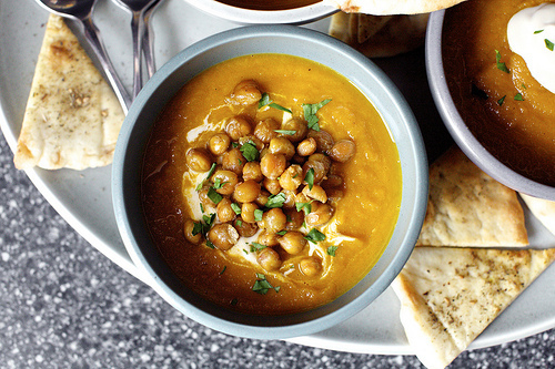 carrot soup, tahini, lemon, crisp chickpeas