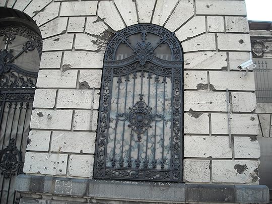 Hungarian war memorial with bullet holes preserved