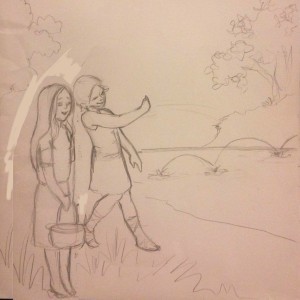 Sketch of Joseph teaching Mary how to skip rocks.