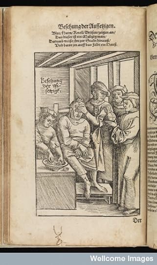 A Physician examines a patient while a barber prepares for blood-letting.