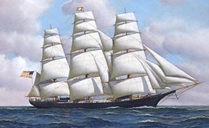 The American clipper ship Flying Cloud at sea under full sail painted by Antonio Jacobsen