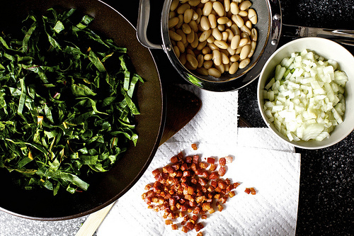 pancetta, chard and bean pot pie prep