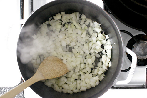 browning the onions, wisp of steam