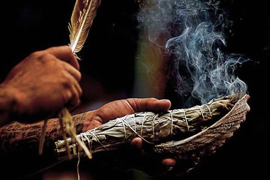 The Beauty Way: sage smoke, directed by an eagle feather, to bless the four directions.