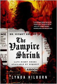This cover is very dark and edgy. There's a dark haired woman on the verge of kissing a tall blond man, whose face is hidden by his long hair. They're surrounded by a background of reds and oranges reminiscent of fire. Superimposed over their bodies is an ad from the newspaper that reads: Dr. Kismet Knight is the Vampire Shrink: Late night hours available upon request. The paper is burned around the edges