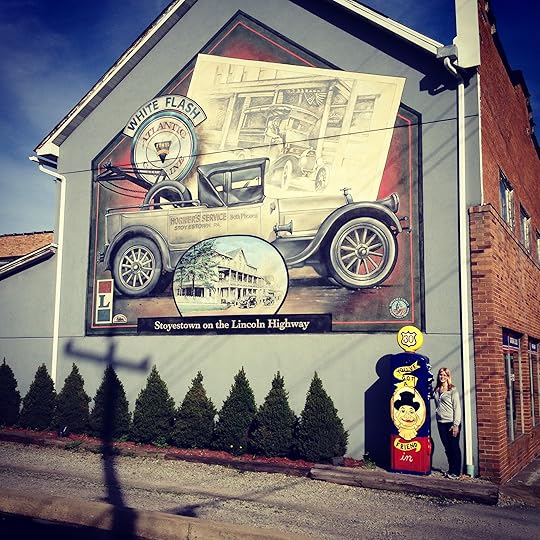 Here I am with the elusive mural and gas pump at Blanset Hardware in Stoystown.