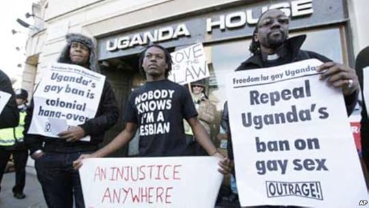 Ugandan protestors outside London embassy [Voice of America photo].
