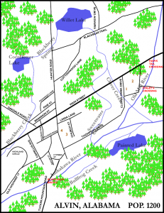 Map of the town of Alvin from Michael Hiebert's book, Dream with Little Angels