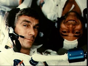 Gene Cernan and Jack Schmitt (upside down) during Apollo 17's 1972 mission. Credit: NASA
