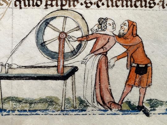 Man accosting a woman at the loom: Smithfield Decretals, Southern France, late 13th -- early 14th Century. British Library, Royal MS 10E