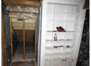 And here's a closeup of the stairs and the former fridge residence. That will all disappear, along with the wall to the left. Shelves to the right were added after we moved in (a former broom closet) because there was absolutely no place to store food or dishes. I like it and asked them to leave it there. My architect's assistant thinks I'm nuts.