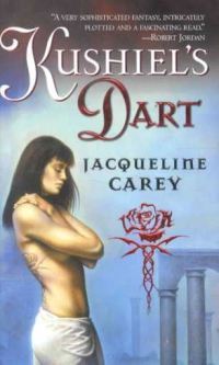 cover art for Kushiel's Dart by Jacqueline Carey, featuring a topless white woman in profile with her arms crossed over her breasts against a blue and purple background