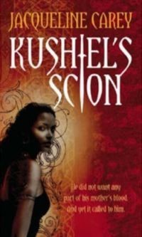 cover art for Kushiel's Scion by Jacqueline Carey, featuring a dark-haired woman in almost profile against a red and orange backdrop