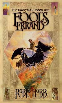 cover art for Fool's Errand by Robin Hobb, featuring two figures, one of whom is albino, riding a white horse and a black horse down a hill