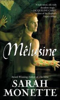 Cover art for Melusine by Sarah Monette, featuring a red-haired white man with colourful sleeve tattoos twisted away from the viewer