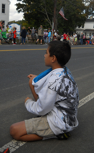 hoodie on in reverse, to catch candy