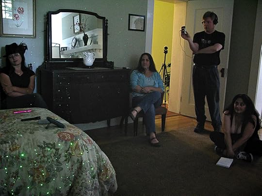 Stacey in the blue joins Diane of the GhostGirls, Christian Colvin, and Sephera Giron ghost-hunting at the Mansion. Photo by Nichole Boscia.